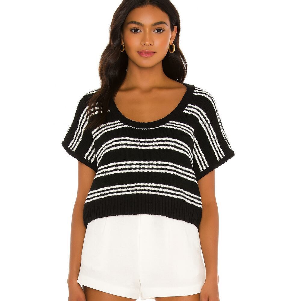 Callahan Knitwear XS Black White Striped‎ Short Sleeve Sweater Crop Top